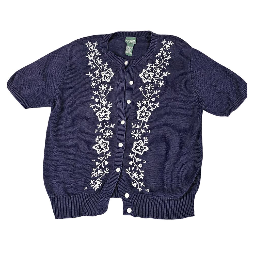 VTG Country Classics women's short sleeve cardigan navy white embroidery Size M